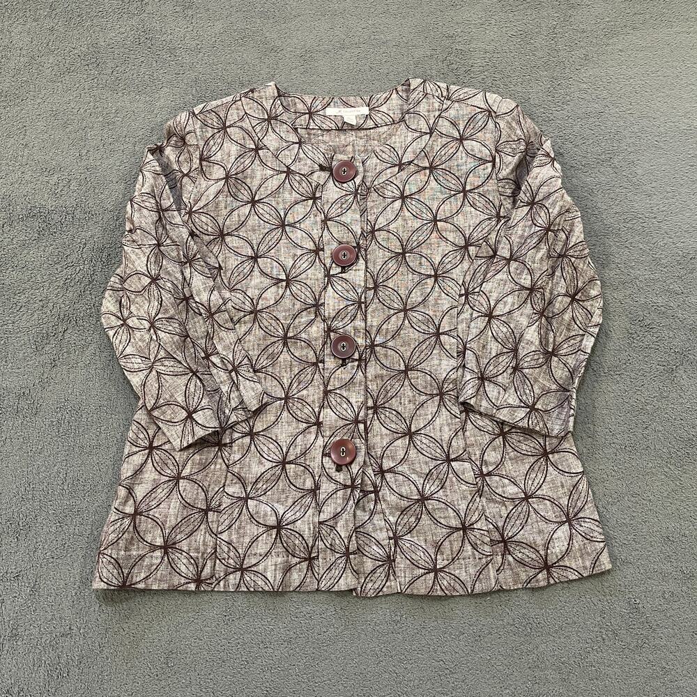 M Collection Women’s 100% Linen Floral Button Front Jacket-Women's Size 14
